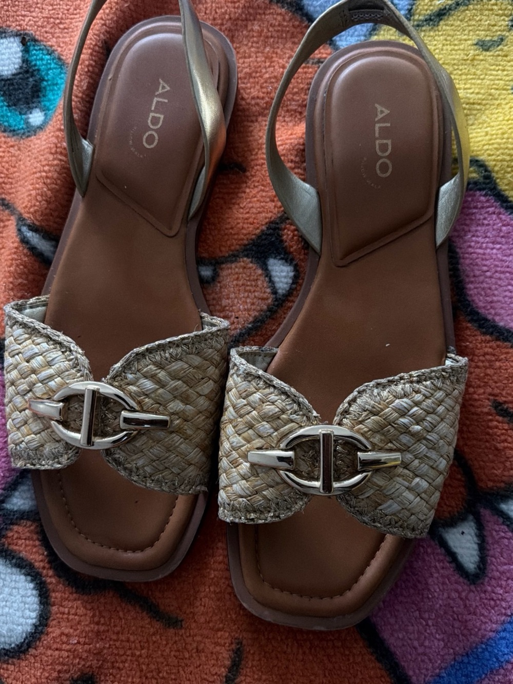 ALDO Woven Tan Slide Sandals with Gold Buckle